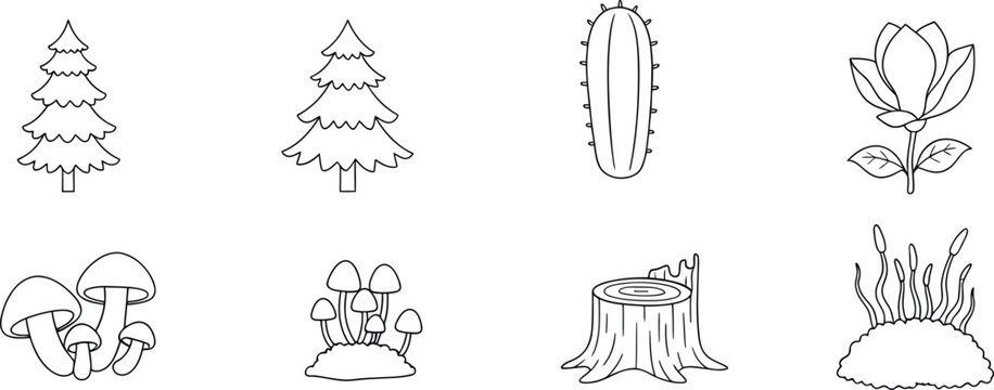 Botanical outline icons collection with trees mushrooms cactus flowers stump