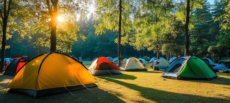 Serene Sunrise at a Tranquil Campsite with Row of Colorful Tents in a Lush Forest Setting