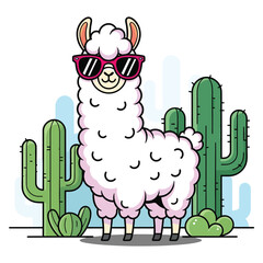 Obraz premium Llama wearing sunglasses in desert landscape vector illustration