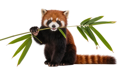 Isolated cute red panda sitting and holding a bamboo branch with green leaves, wild animal © Julie