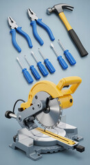 Image of various metallic and plastic tools: pliers, screwdrivers, hammer, and miter saw arranged on a plane, representing construction, repair, DIY, and labor