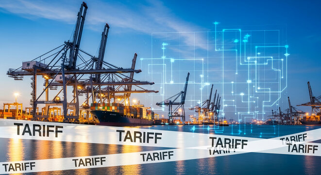 Night shot of ship in port with cranes, blue network grid, and tape with text, representing international trade, economics, and global connections