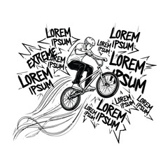 Naklejka premium A young man in a t-shirt rides a BMX bike with dynamic motion lines and Lorem Ipsum text in a black and white graphic design