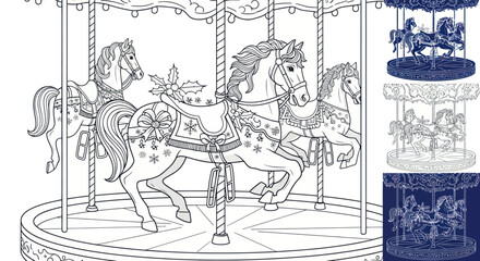 Obraz premium Vintage Carousel Horses Outline Drawing Illustration, Festive Holiday Design