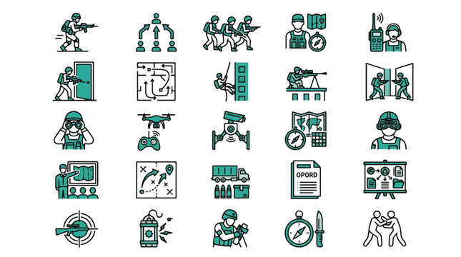 Military tactical icon set. Soldier, combat, strategy, warfare, special forces, army, surveillance, mission, planning, training, equipment, command, logistics, navigation