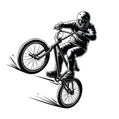 Naklejka premium A bmx rider performs a trick on a bike with motion lines, wearing a helmet and protective gear in a black and white illustration