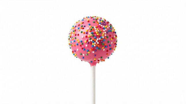 Colorful pink cake pop with sprinkles on a white stick