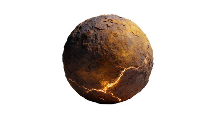 Isolated rough textured planetoid sphere with glowing cracks showing internal molten core © Julie