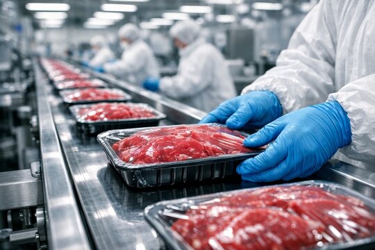 Meat factory production line close up, Gloved workers inspecting packaged raw beef on food processing line