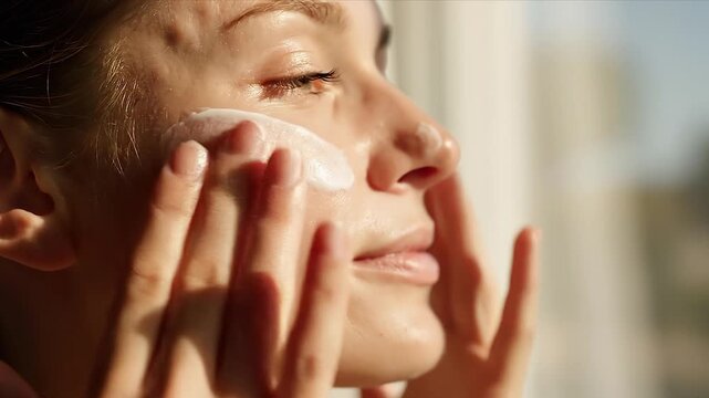 Caucasian female applying facial cleanser to her cheek in a bright room, showcasing a close-up view of skincare routine and natural light illuminating her skin