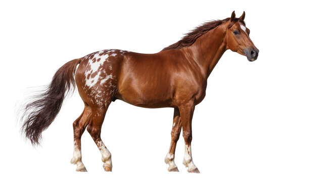 Isolated beautiful brown spotted horse standing in profile with dark mane and tail