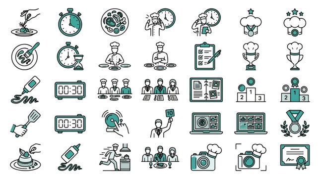 Culinary contest icons. Chef, judging, timer, award, trophy, medal, plating, menu, kitchen, restaurant, winner, certificate, food photography, professional, baking. Teal line vector graphics