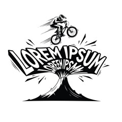 Naklejka premium A bmx rider jumps over a volcano graphic with a tshirt design and bold typography in a black and white illustration