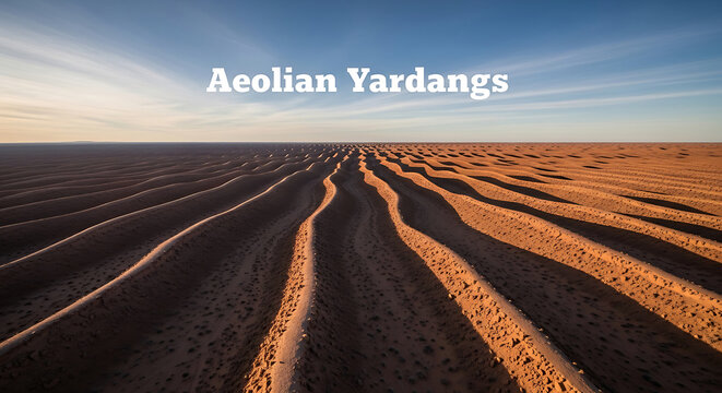 Aeolian yardangs formation in desert landscape with sand dunes and blue sky  natural geological erosion pattern
