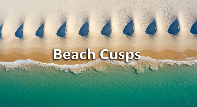 Aerial view of beach cusps and waves on sandy shore leading to green ocean water  natural coastal erosion patterns