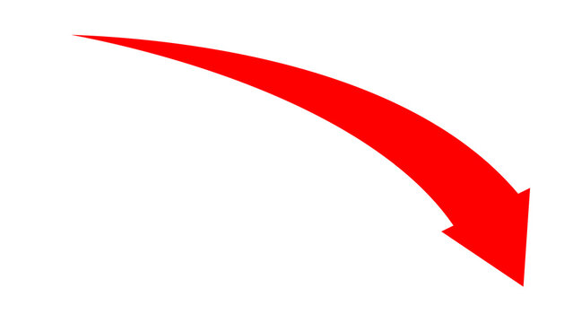 Vibrant red arrow curves downward against a stark white background symbolizing decline decrease