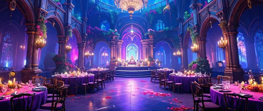 Fantasy Wedding Venue Concept Grand Ballroom Interior With Chandeliers And Tables Set For A Celebration Magical.