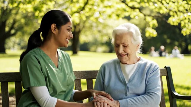 Caregiver holding hands with senior woman on park bench
