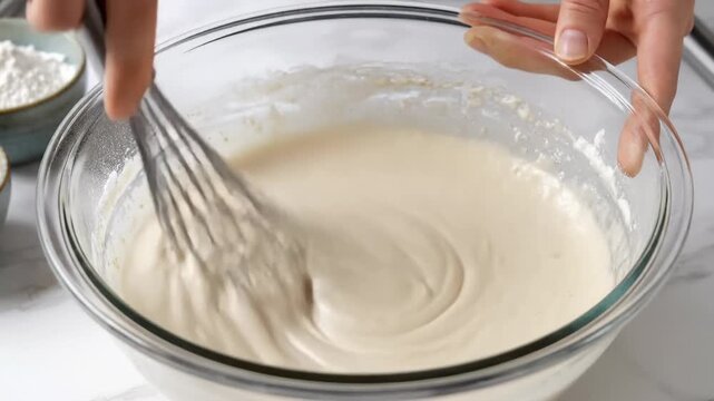Close-Up of Hands Whisking Pancake Batter in a Glass Bowl With a Whisk