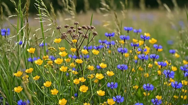 Colorful meadow with yellow buttercups and blue cornflowers in summer. Represents natural beauty, biodiversity, outdoor tranquility, environmental health, and seasonal growth for sustainable living...