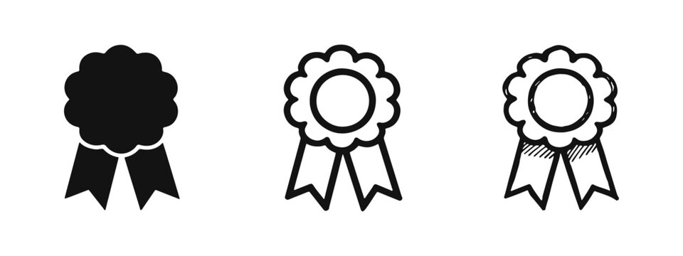 Award rosette ribbon icon set, prize medal and achievement badge graphic in various styles