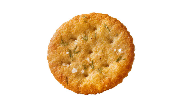 Isolated gourmet savory round cracker with sea salt and rosemary herbs for snacking