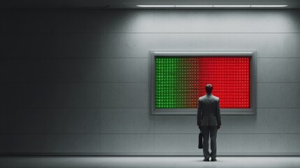 Fototapeta premium A man in a suit looking at a stock market indicator screen, with red and green lights reflecting on his body