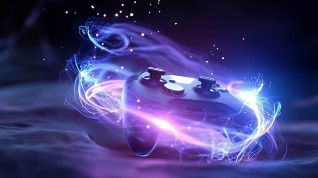 Gaming controller pulses with electric energy. Purple and blue lights swirl around it. Energy flows like liquid magic. Controller rests on dark, misty surface. Sensory overload evokes excitement