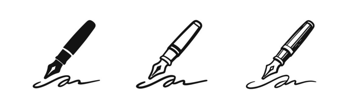Fountain pen signing signature icon set, official document approval and autograph graphic symbols