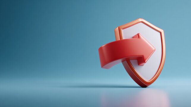 Protecting against threats: A shield deflects a red arrow on a blue background, symbolizing security. This image portrays themes of protection and resilience.