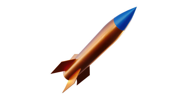 Isolated sleek missile or rocket with metallic orange body and sharp blue nose cone