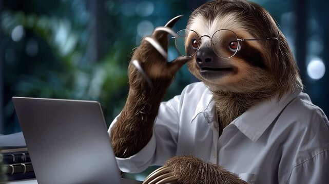 Sloth wears glasses, sits at laptop, focused on work. Soft fur, white shirt, round lenses, calm expression. Fingers adjust frame, eyes fixed on screen. Scene implies slow, thoughtful
