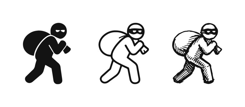 Thief with Bag Icon Set - Burglar Stealing Symbol in Solid, Outline, and Hand-Drawn Styles for Crime and Security Concepts