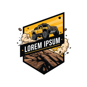 A stylized 4x4 logo featuring a rugged off-road truck driving over a rocky terrain with a bold, yellow and black design on a clean white background