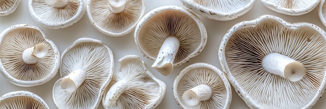 Delicate Mushroom Gills in Cross Sections with Pale Interiors and Fibrous Textures as Background