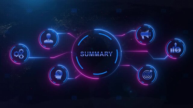 Business strategy and marketing concept with glowing and summary text on a futuristic background with map