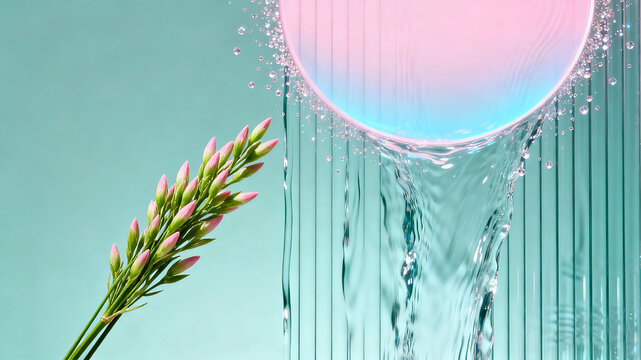 The clear water essence poured by the flower heads represents the skin care concept of deep moisturizing, moisturizing, and water oil balance.
