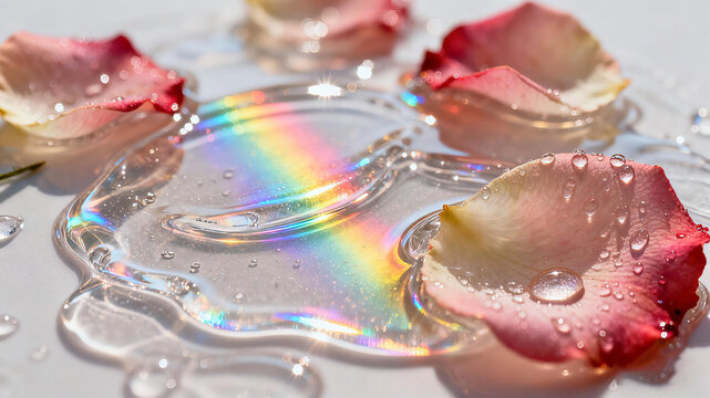 The iridescent radiance essence liquid between rose petals represents the concept of skin care of plant essence, nourishing, moisturizing and even brightening skin color.
