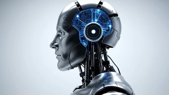 Detailed close-up of a futuristic robot head with glowing neural networks, symbolizing artificial intelligence, machine learning, deep learning, automation, and advanced technology concept.