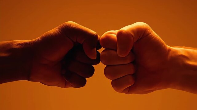 Fist bump greeting between two male hands showing respect and solidarity against a warm orange background representing partnership and teamwork