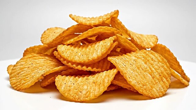 Pile of crispy wavy potato chips, golden brown and seasoned. Perfect for advertising snack foods, parties, and satisfying cravings with a delicious, crunchy, salty flavor.