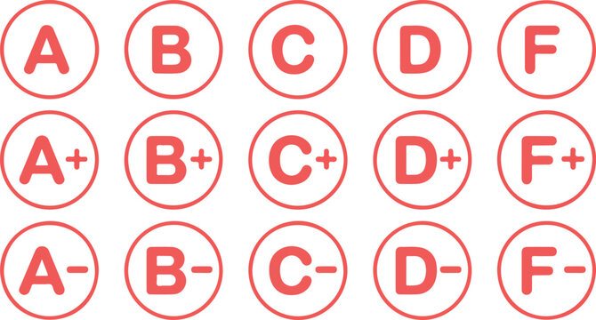 School Grade Badge Icons A B C D F with Plus and Minus Red Handwritten Education Evaluation Vector Illustration Set