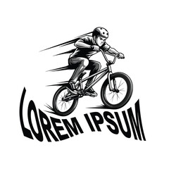 Naklejka premium A black and white illustration of a cyclist riding a BMX bike wearing a tshirt with a dynamic motion effect on a clean background