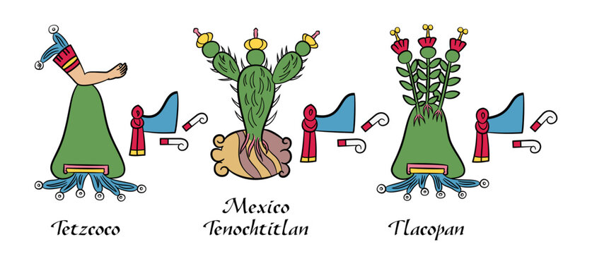 Aztec Empire, Triple Alliance, glyphs of city-states. Water shoulder on mountain stand for Tetzcoco. Prickly pear cactus on stone for Mexico-Tenochtitlan. Flower stems on mountain for Tlacopan. Vector