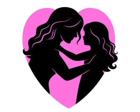 Mother and daughter embracing silhouette inside a pink heart. Minimalist vector illustration for Mother's Day and family love concept.
