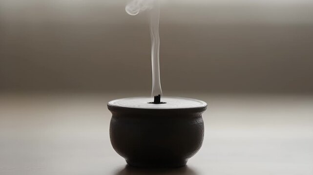 Dark textured vessel with a slender smoke plume rising, set against a soft, muted backdrop