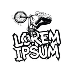 Naklejka premium A black and white illustration of a BMX rider performing a trick on a bike with a tshirt design featuring 'LOREM IPSUM' text