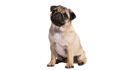 Isolated fawn pug dog with tilted head sitting and looking up, adorable pet portrait © Julie