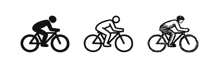Obraz premium Cyclist riding a bicycle icon set in various styles, isolated on white background.