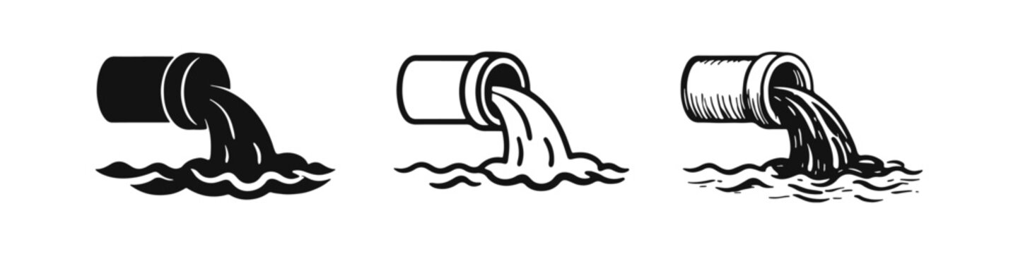 Industrial waste water pollution pipe pouring liquid into waves icon set, isolated on white background.